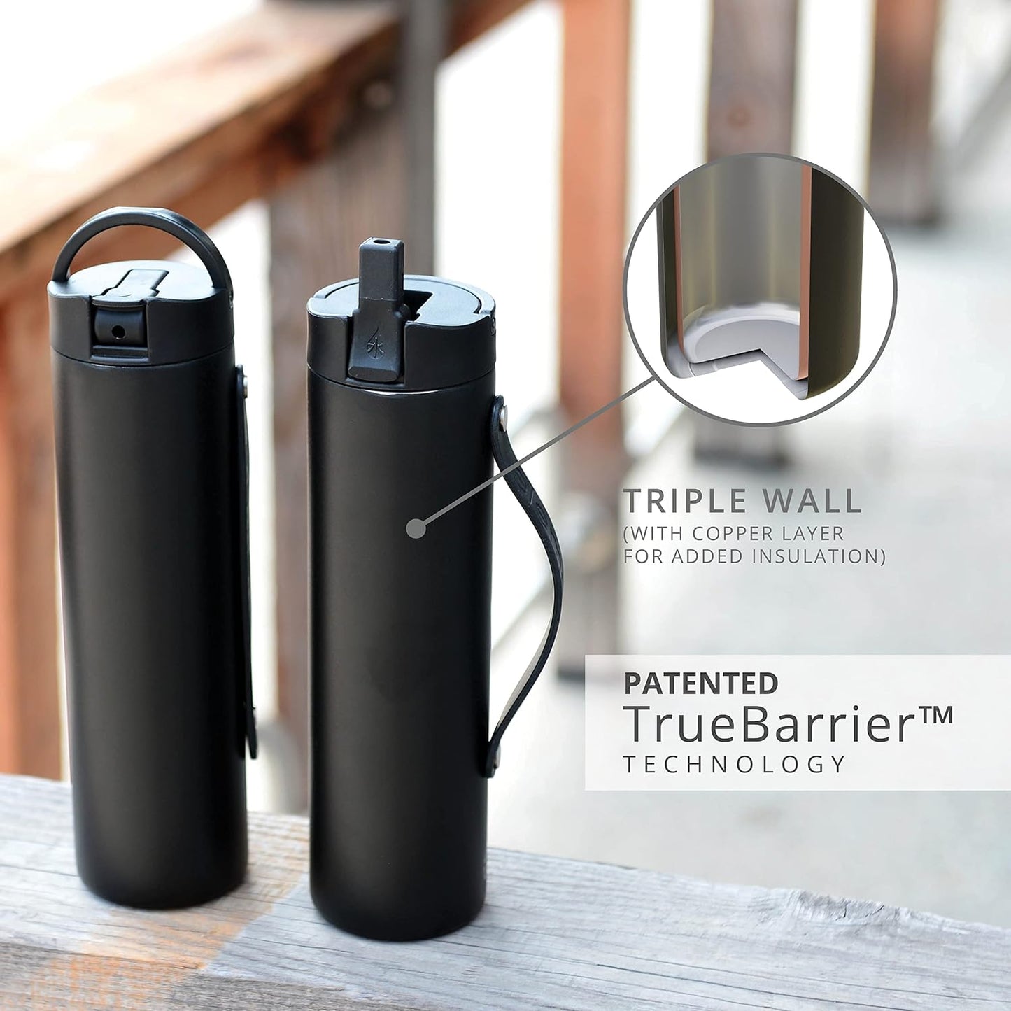 Iconic Stainless Steel Water Bottle with Straw - 20 Oz Leak Proof Triple Wall Insulated Water Bottles for Travel and Sports - Reusable Gym Water Bottle with 2 Straws - Black