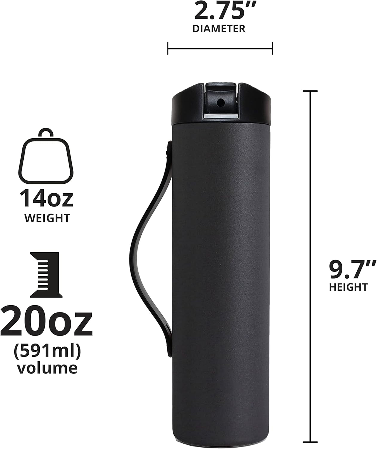 Iconic Stainless Steel Water Bottle with Straw - 20 Oz Leak Proof Triple Wall Insulated Water Bottles for Travel and Sports - Reusable Gym Water Bottle with 2 Straws - Black