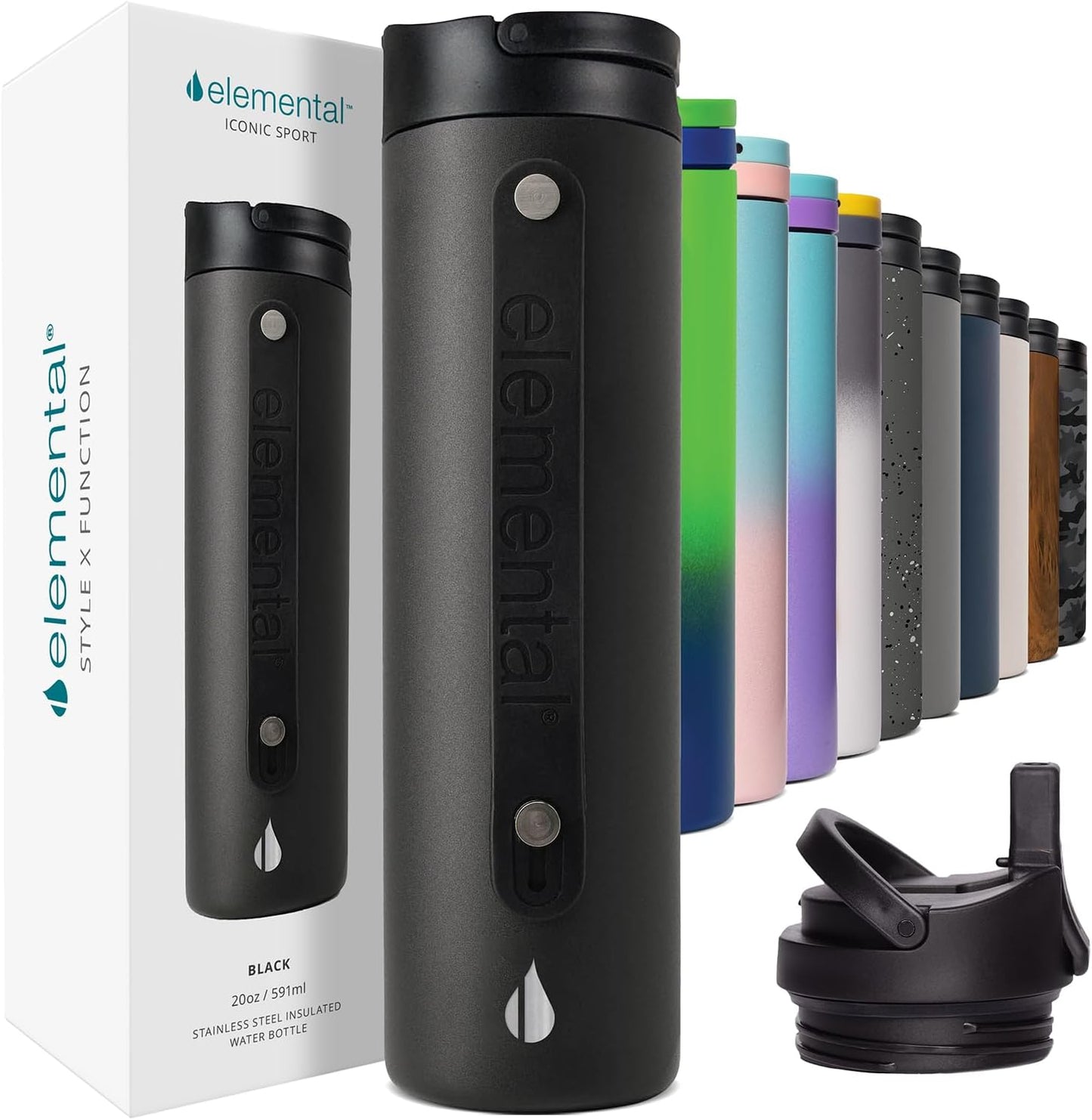 Iconic Stainless Steel Water Bottle with Straw - 20 Oz Leak Proof Triple Wall Insulated Water Bottles for Travel and Sports - Reusable Gym Water Bottle with 2 Straws - Black