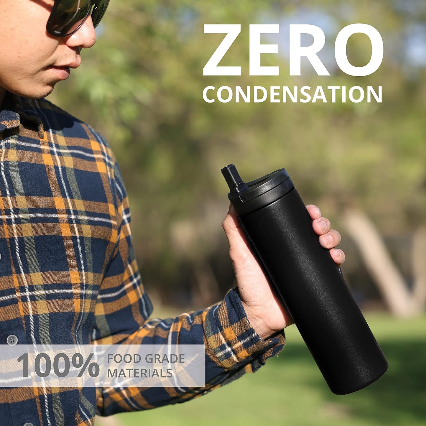 Iconic Stainless Steel Water Bottle with Straw - 20 Oz Leak Proof Triple Wall Insulated Water Bottles for Travel and Sports - Reusable Gym Water Bottle with 2 Straws - Black