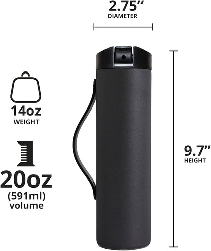 Iconic Stainless Steel Water Bottle with Straw - 20 Oz Leak Proof Triple Wall Insulated Water Bottles for Travel and Sports - Reusable Gym Water Bottle with 2 Straws - Black