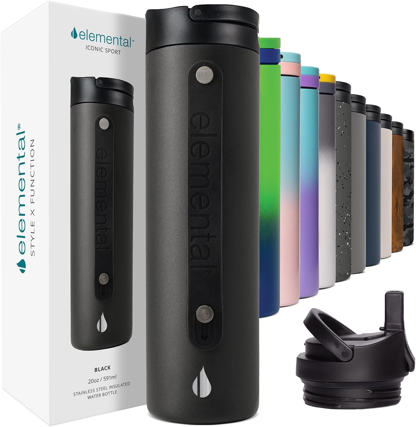 Iconic Stainless Steel Water Bottle with Straw - 20 Oz Leak Proof Triple Wall Insulated Water Bottles for Travel and Sports - Reusable Gym Water Bottle with 2 Straws - Black