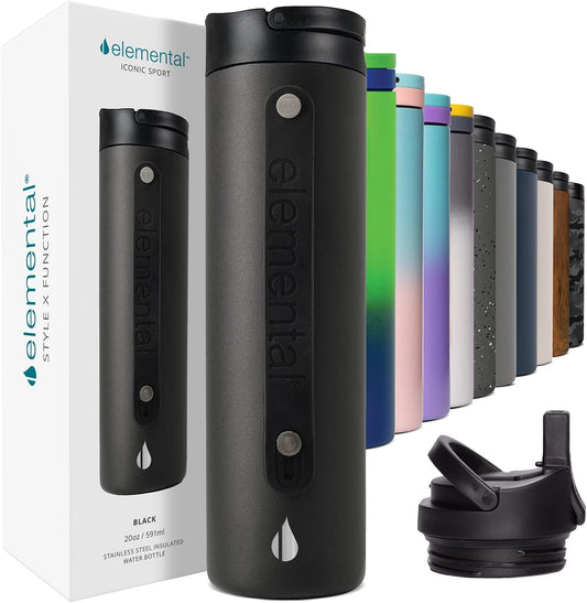Iconic Stainless Steel Water Bottle with Straw - 20 Oz Leak Proof Triple Wall Insulated Water Bottles for Travel and Sports - Reusable Gym Water Bottle with 2 Straws - Black